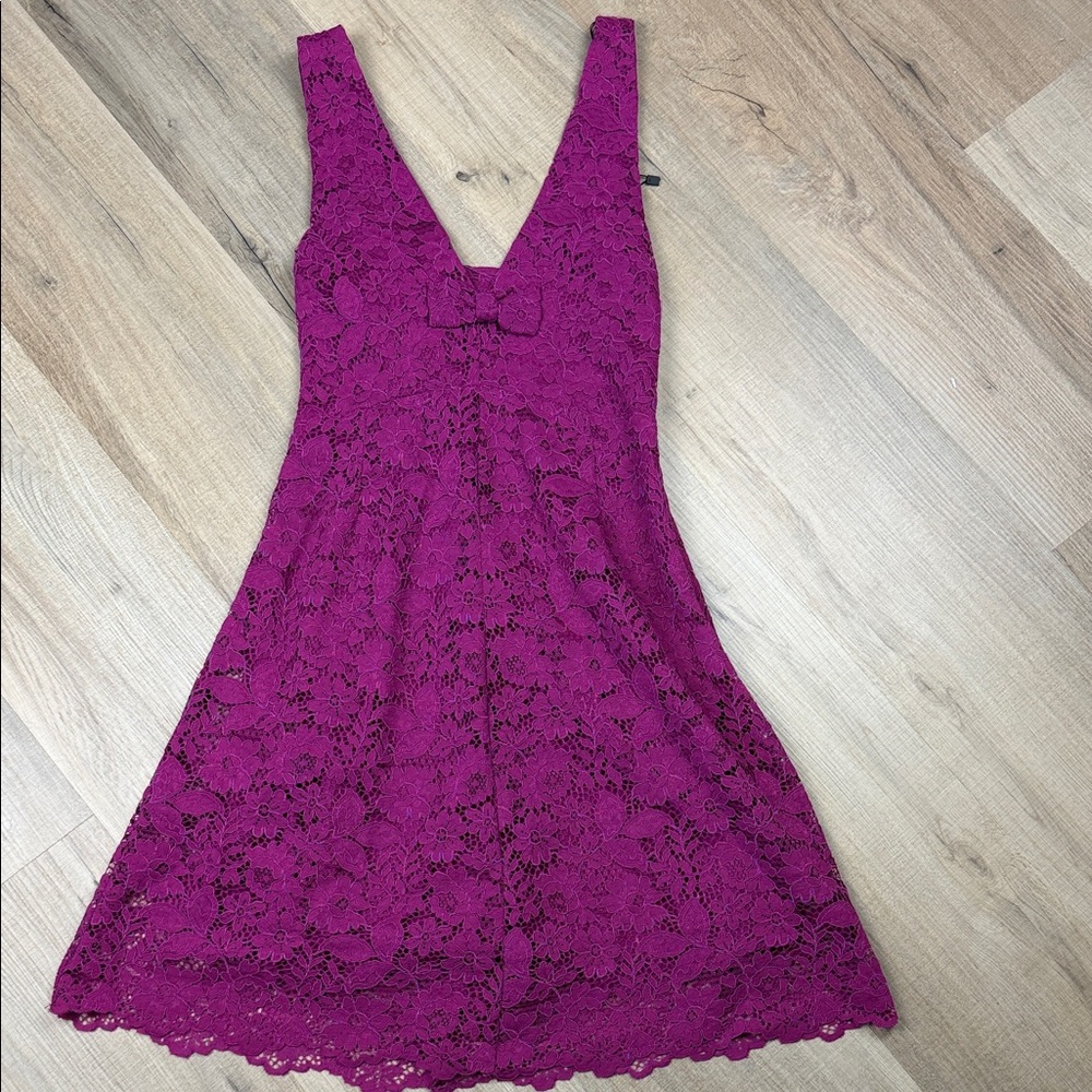 Zara Fuchsia Floral Lace Mini Dress Bow Front Fit & Flare V Neck Size XS
